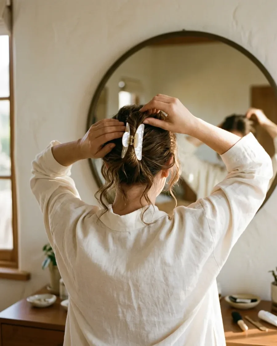 Clipping hair up in front of a round mirror