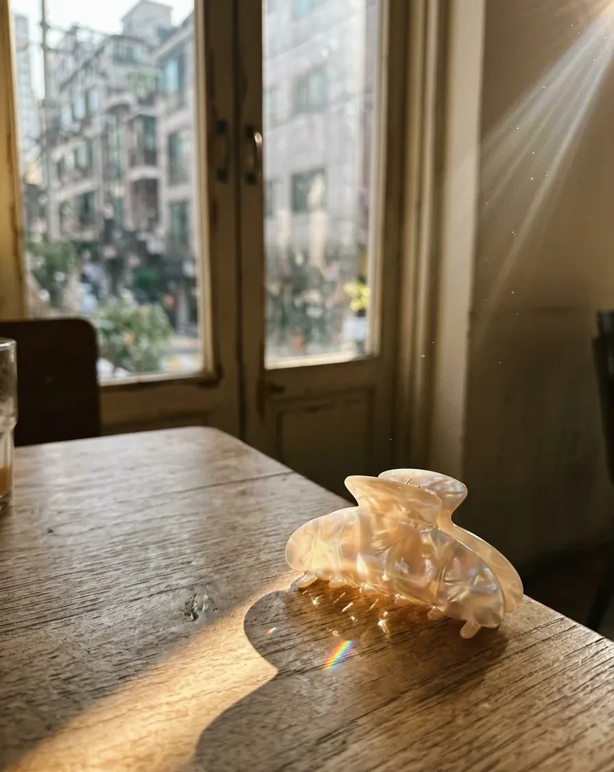Afternoon sun through a café window, a pearlescent claw clip on the table