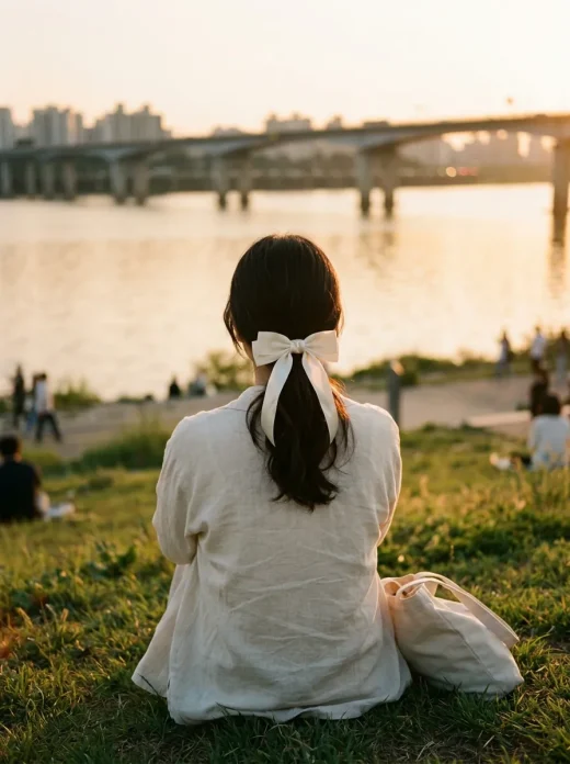 A woman with an ivory satin bow sitting by the river at golden hour