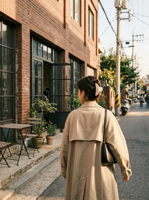 A woman with a twisted-up pearl claw clip walking past a red-brick café