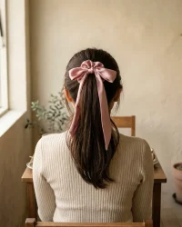 Bow Tail Scrunchie, worn in the hair