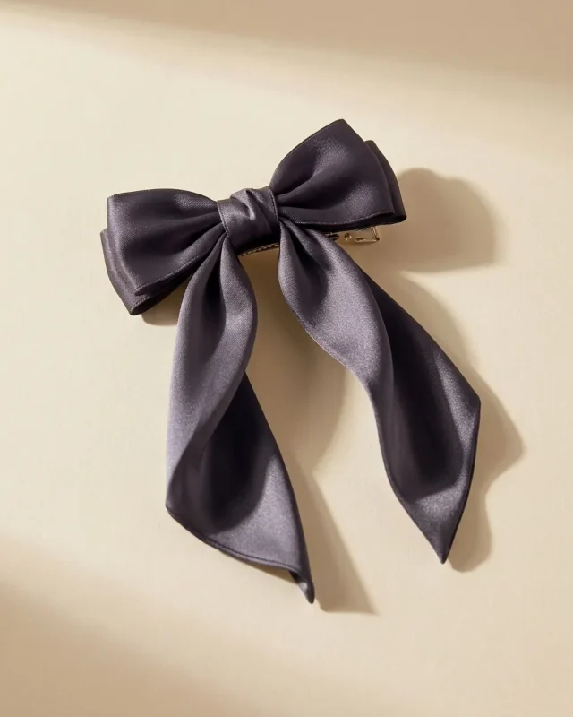 Long Tail Satin Bow in Sesame Smoke