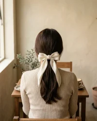 Long Tail Satin Bow, worn in the hair