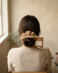 Pleated Cloud Scrunchie, worn in the hair