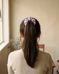 Satin Scrunchie Trio, worn in the hair