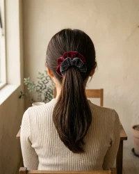 Velvet Scrunchie Duo, worn in the hair